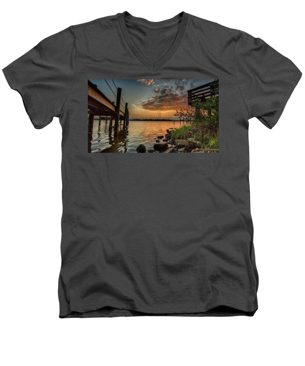 Sunrise Men's V-Neck T-Shirt featuring the photograph Sunrise Under the Dock by Dillon Kalkhurst