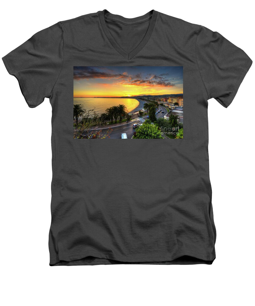 Yhun Suarez Men's V-Neck T-Shirt featuring the photograph Sunset At Nice by Yhun Suarez