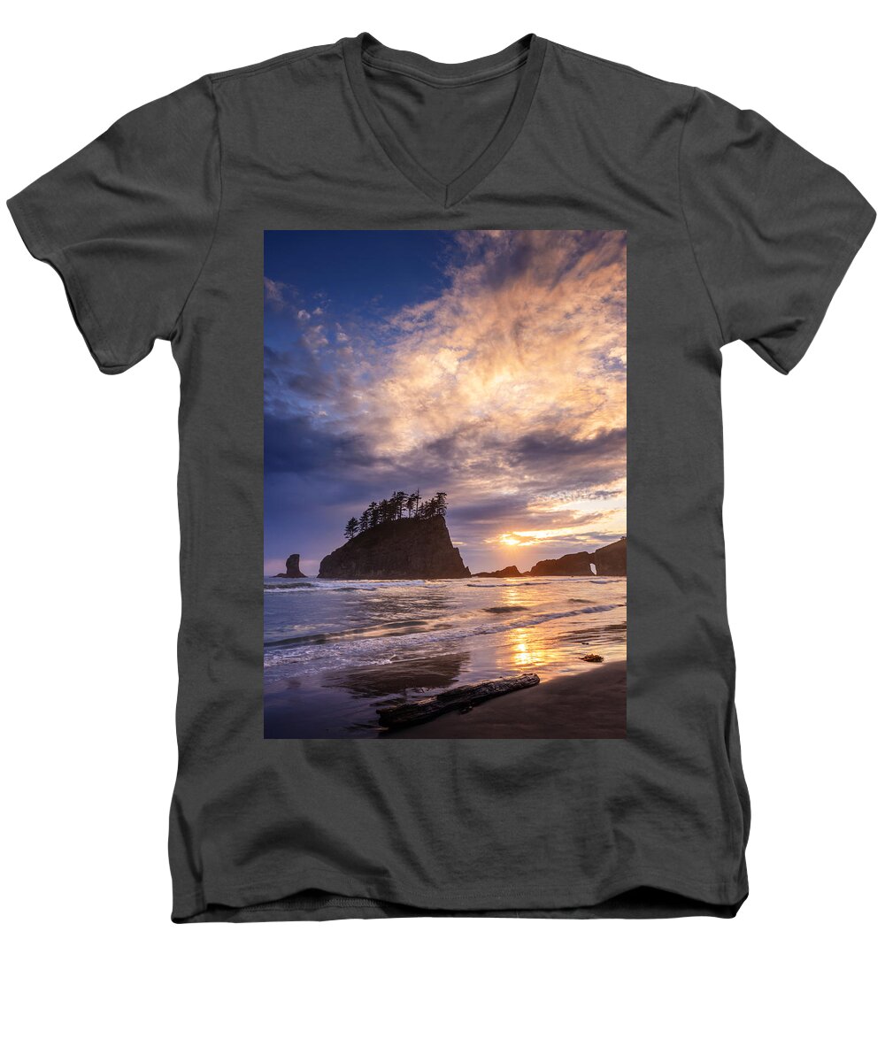 Second Beach Men's V-Neck T-Shirt featuring the photograph Sunset at Second Beach by Dan Mihai