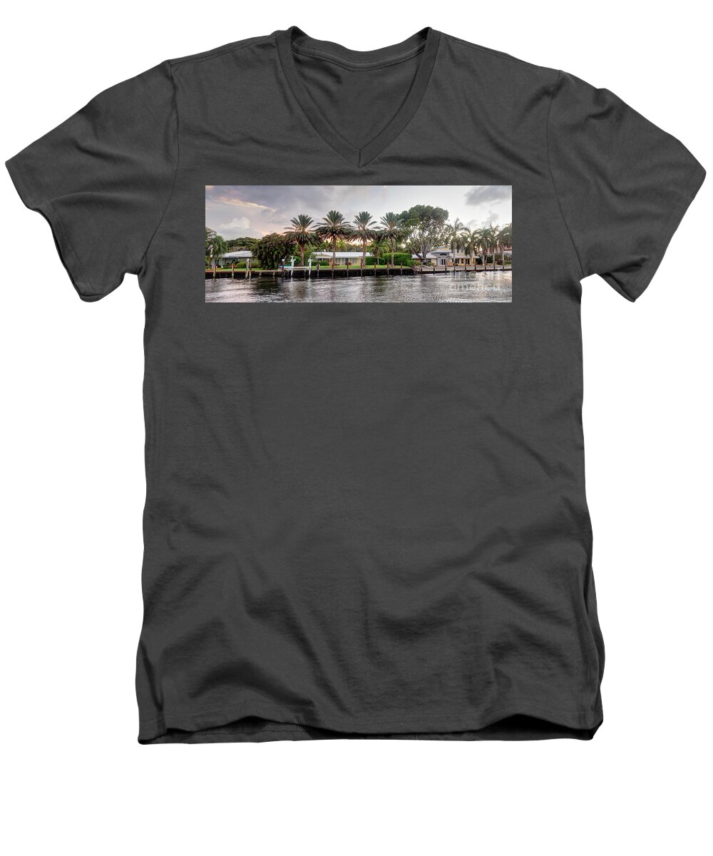 Lauderdale Men's V-Neck T-Shirt featuring the photograph Sunset Behind Residential Palms by Ules Barnwell