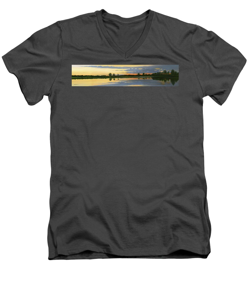Landscape Men's V-Neck T-Shirt featuring the painting Sunset Ben Jack Pond by Mike Brown