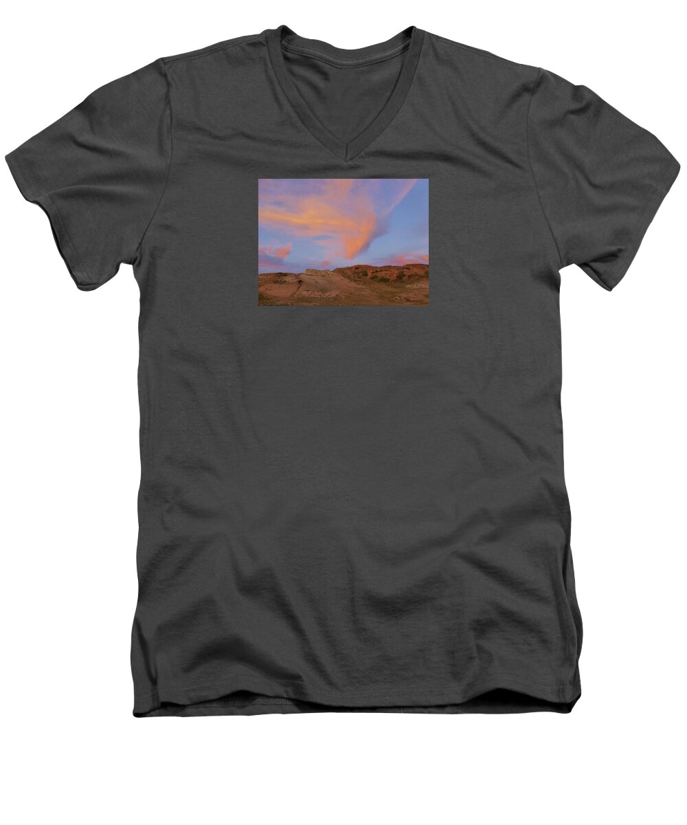 North Dakota Men's V-Neck T-Shirt featuring the photograph Sunset Clouds, Badlands by Cris Fulton