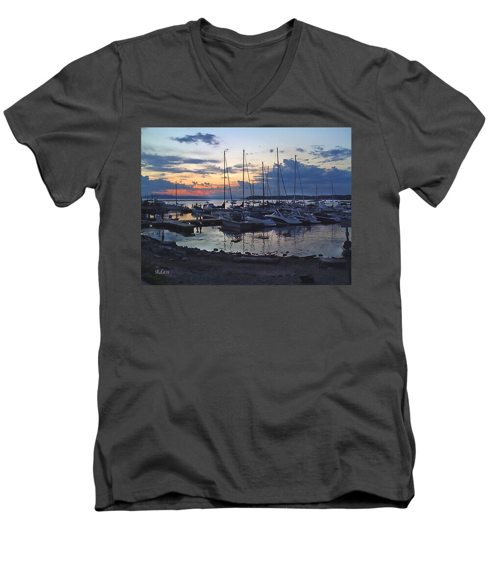 Small Boats Men's V-Neck T-Shirt featuring the photograph Sunset Dock by Felipe Adan Lerma