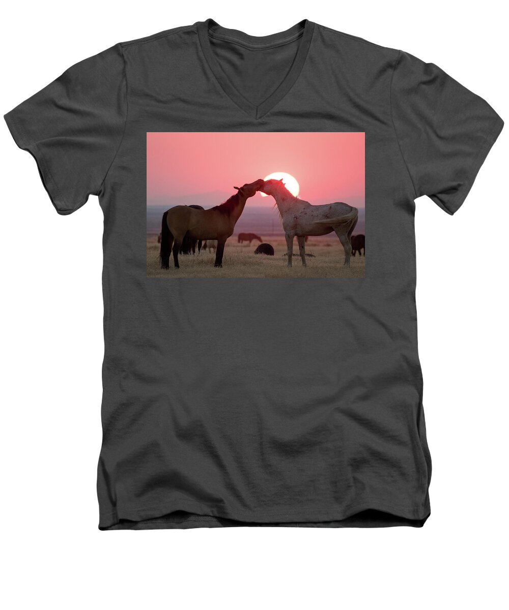 Wild Horses Men's V-Neck T-Shirt featuring the photograph Sunset Horses by Wesley Aston