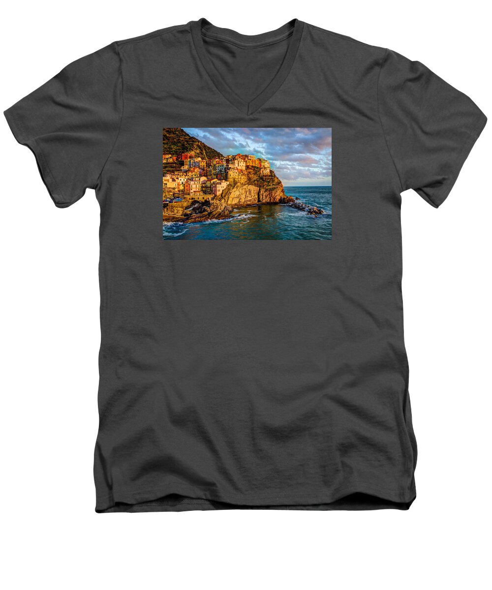 Travel Men's V-Neck T-Shirt featuring the photograph Sunset in Manarola by Wade Brooks