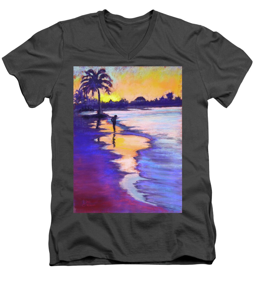 Sunset Men's V-Neck T-Shirt featuring the painting Sunset on the Beach by Lisa Crisman