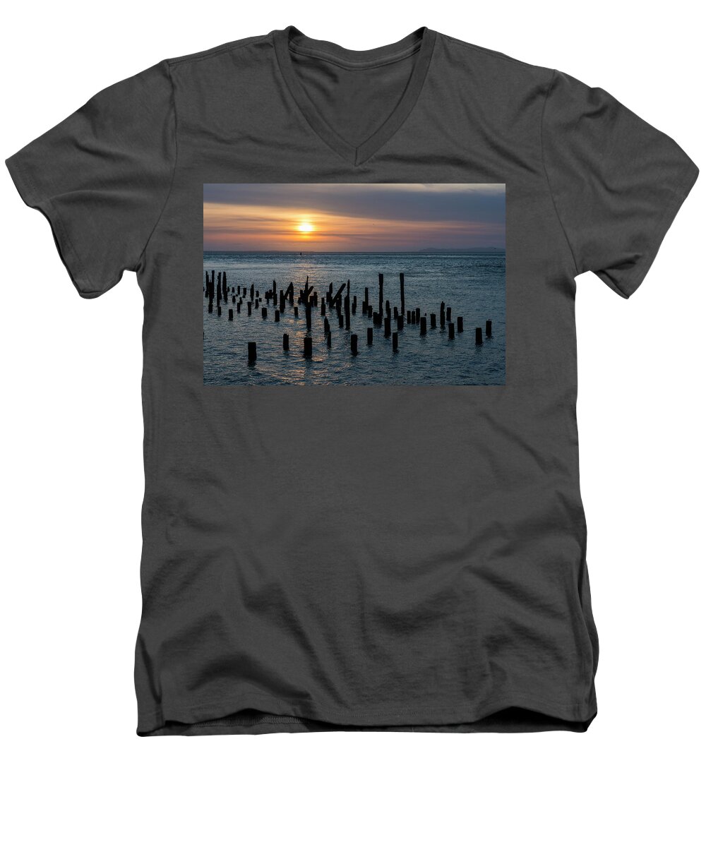 Astoria Men's V-Neck T-Shirt featuring the photograph Sunset on the Empire by Robert Potts