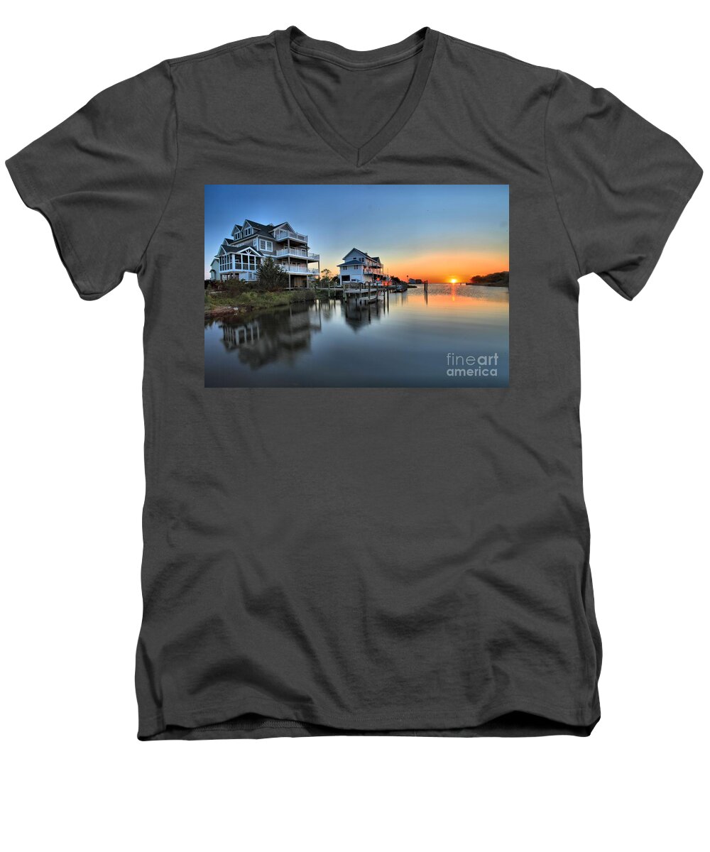 North Carolina Outer Banks Men's V-Neck T-Shirt featuring the photograph Sunset On The OBX Sound by Adam Jewell
