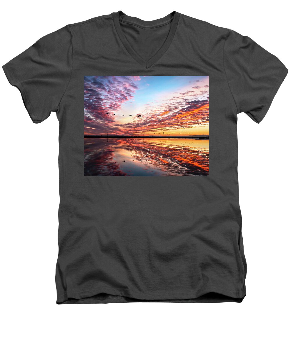 Sunset Men's V-Neck T-Shirt featuring the photograph Sunset on the pacific flyway by Abram House
