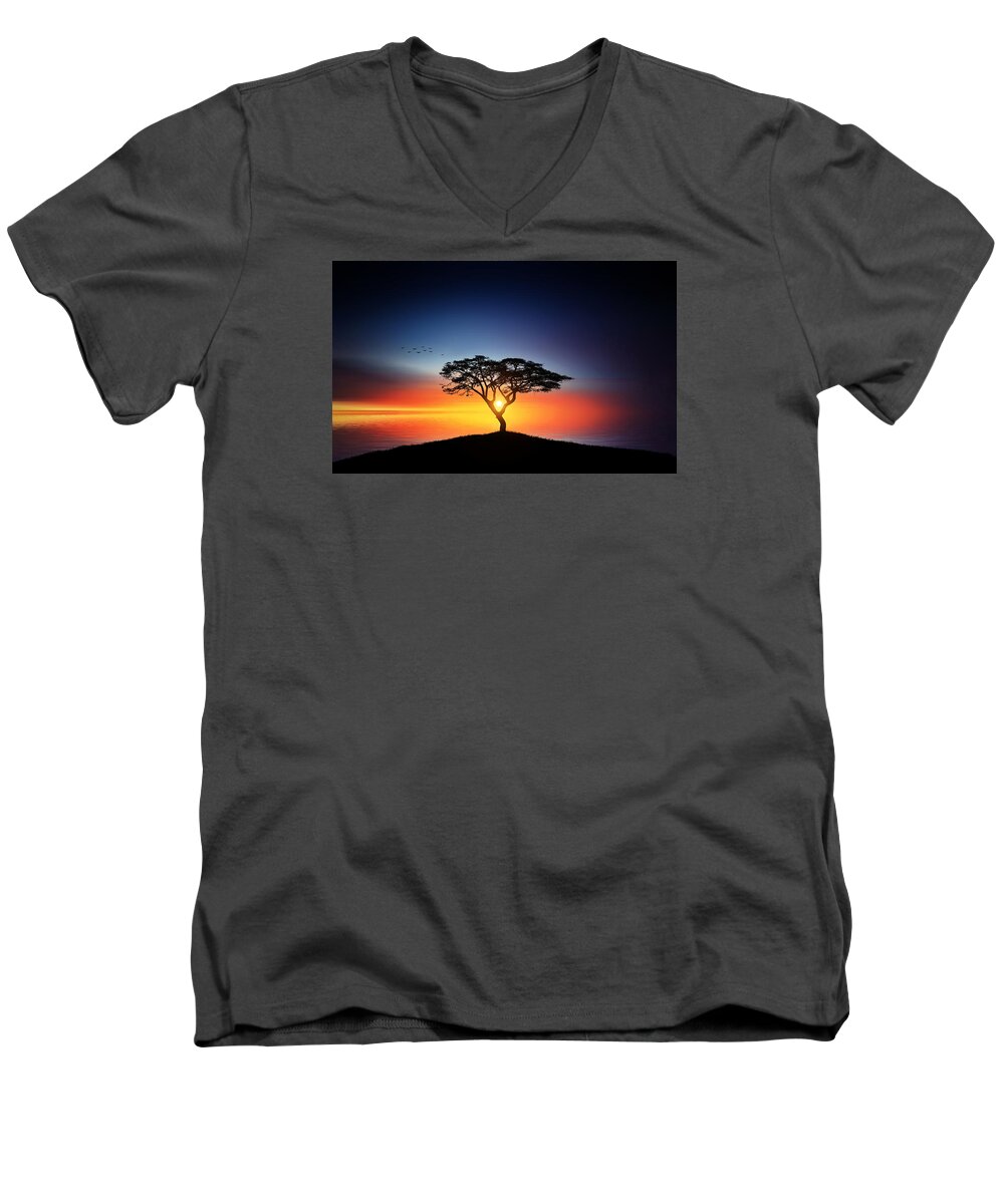 Sunlight Men's V-Neck T-Shirt featuring the photograph Sunset on the tree by Bess Hamiti