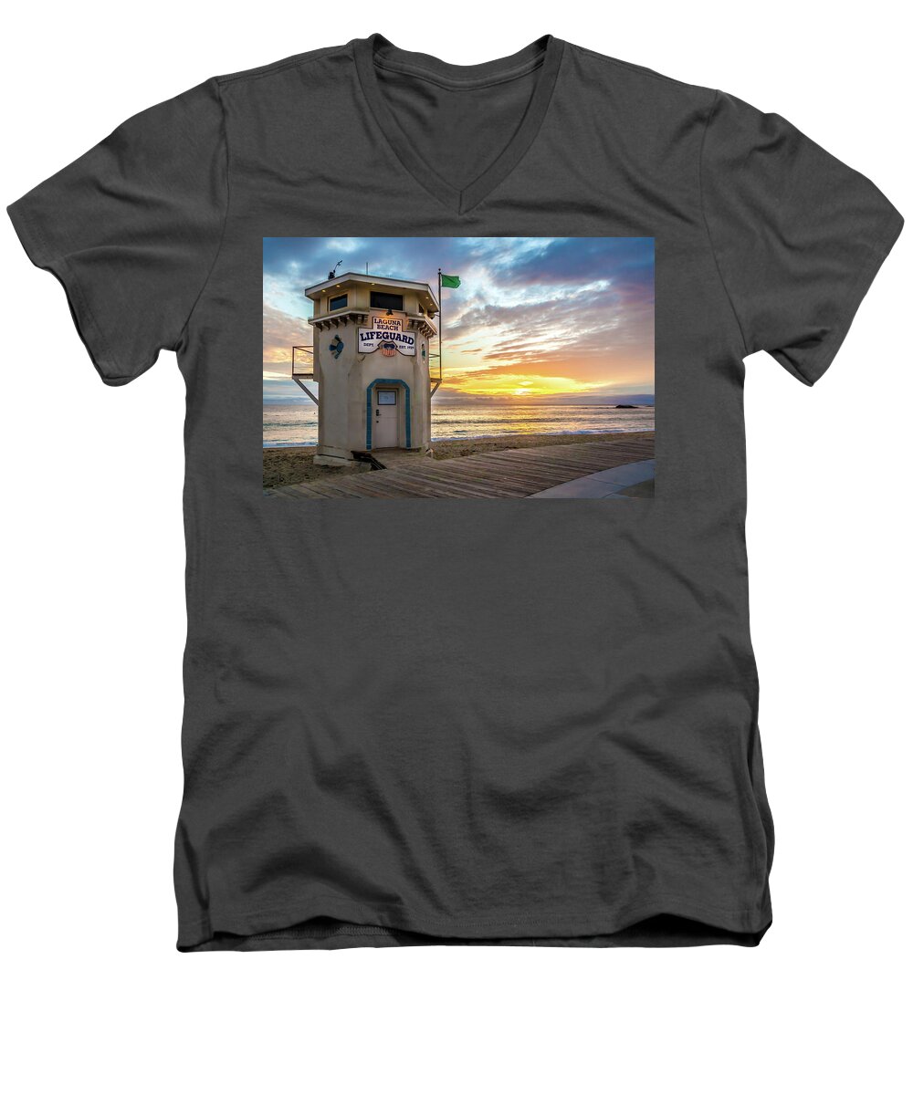 Laguna Beach Men's V-Neck T-Shirt featuring the photograph Sunset over Laguna Beach Lifeguard Station by Cliff Wassmann