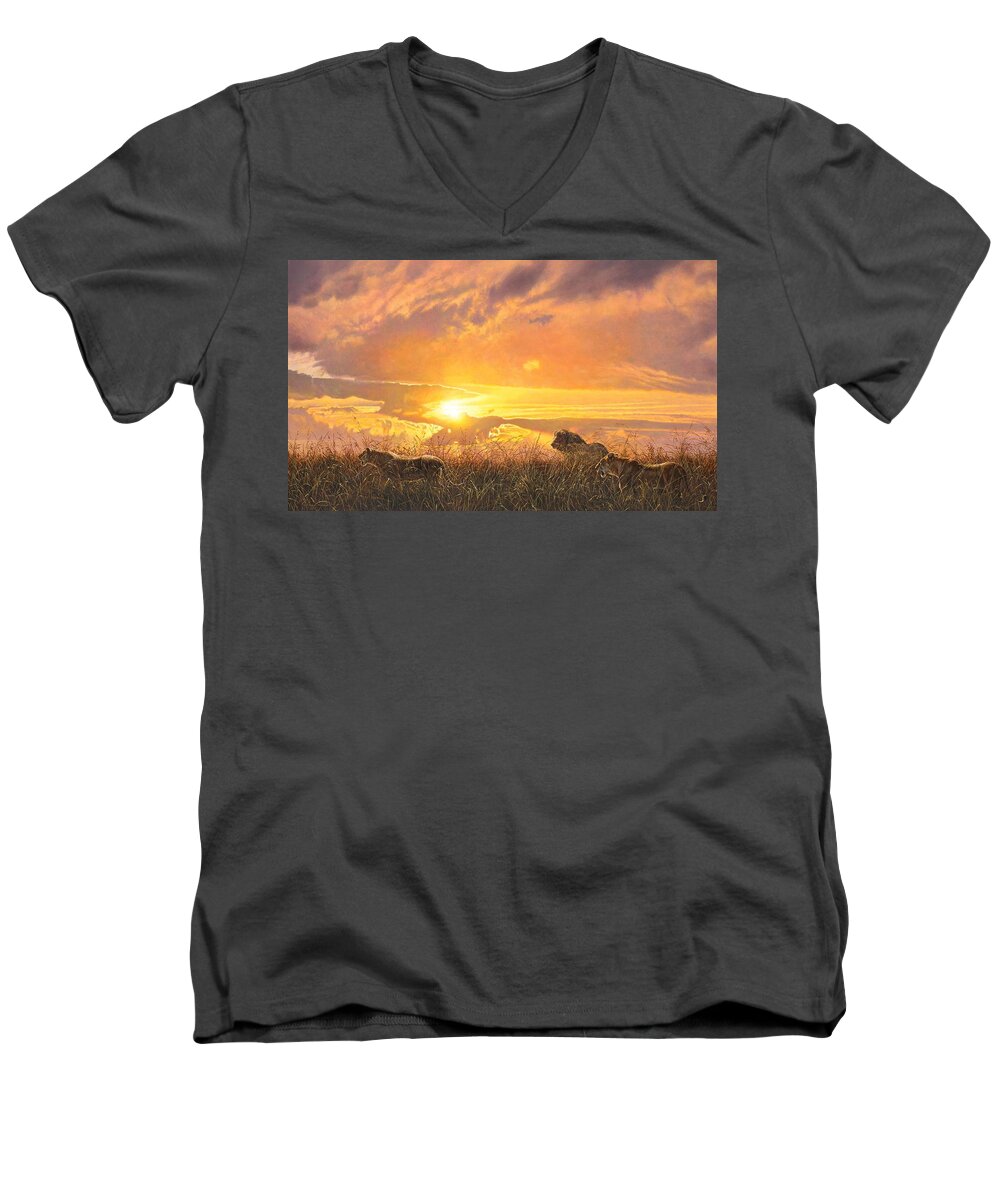 Lion Men's V-Neck T-Shirt featuring the painting Sunset Prowl by Alan M Hunt