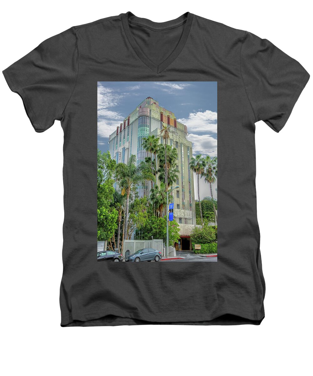 Sunset Strip Men's V-Neck T-Shirt featuring the photograph Sunset Tower Hotel by Robert Hebert