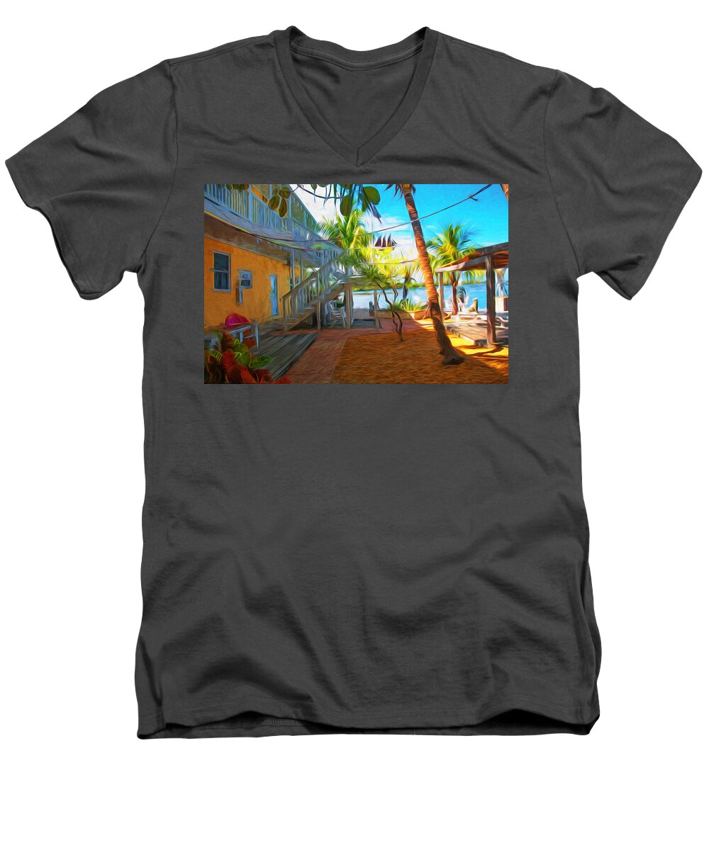 Sunset Villas Men's V-Neck T-Shirt featuring the photograph Sunset Villas Patio by Ginger Wakem
