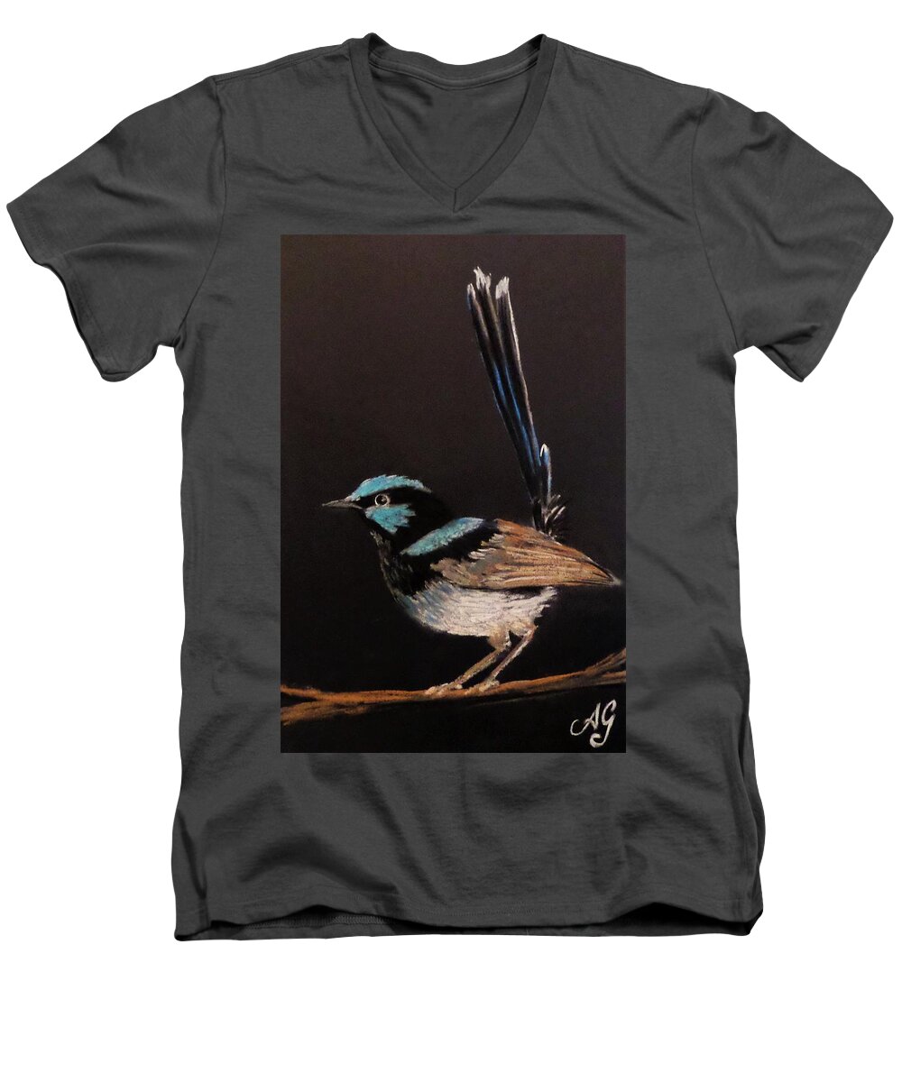 Australia Men's V-Neck T-Shirt featuring the painting Superb blue wren by Anne Gardner
