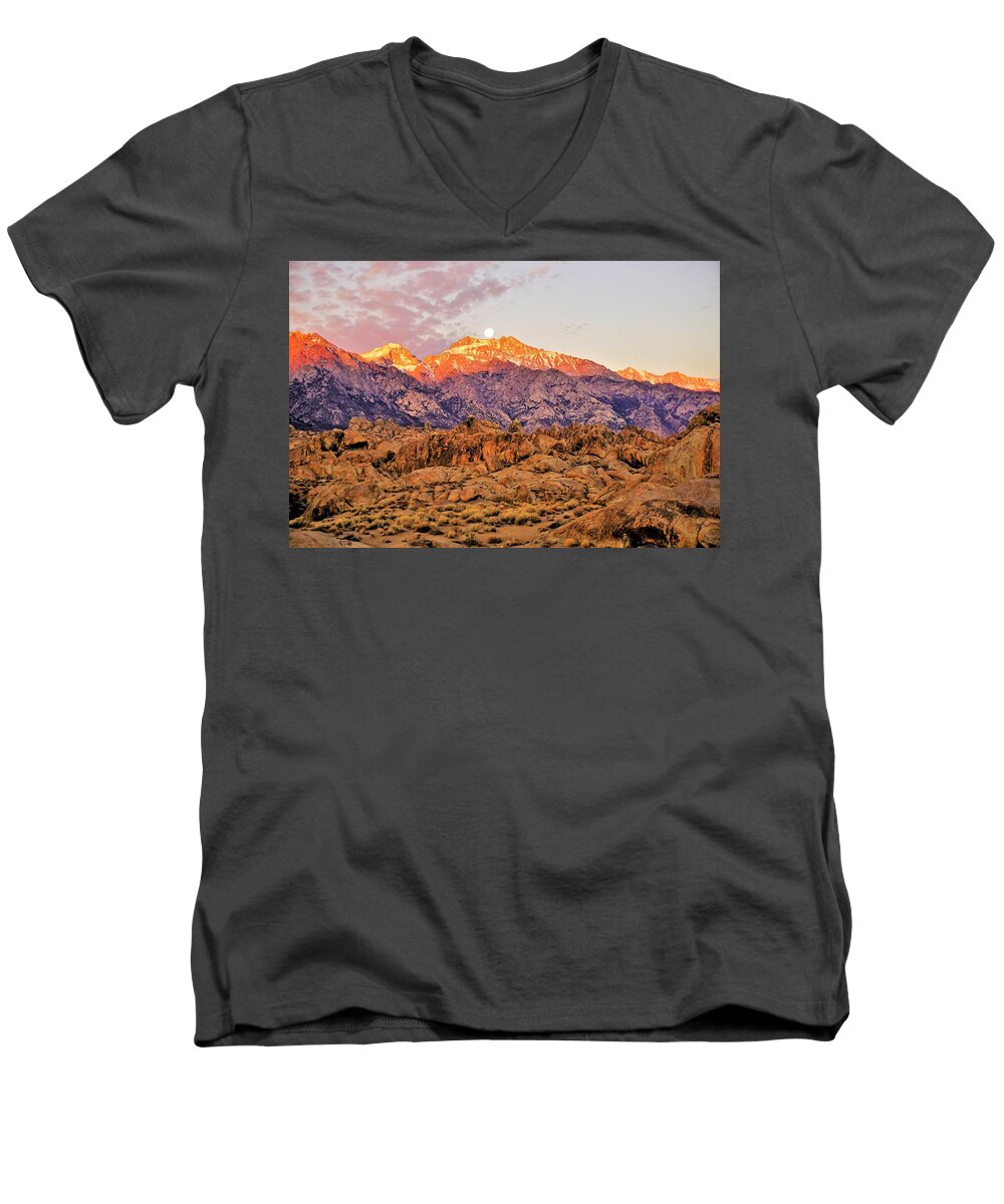 Supermoon Men's V-Neck T-Shirt featuring the photograph Supermoon Setting at Sunrise over Mount Williamson in the Sierra Nevada Mountains by Tranquil Light Photography