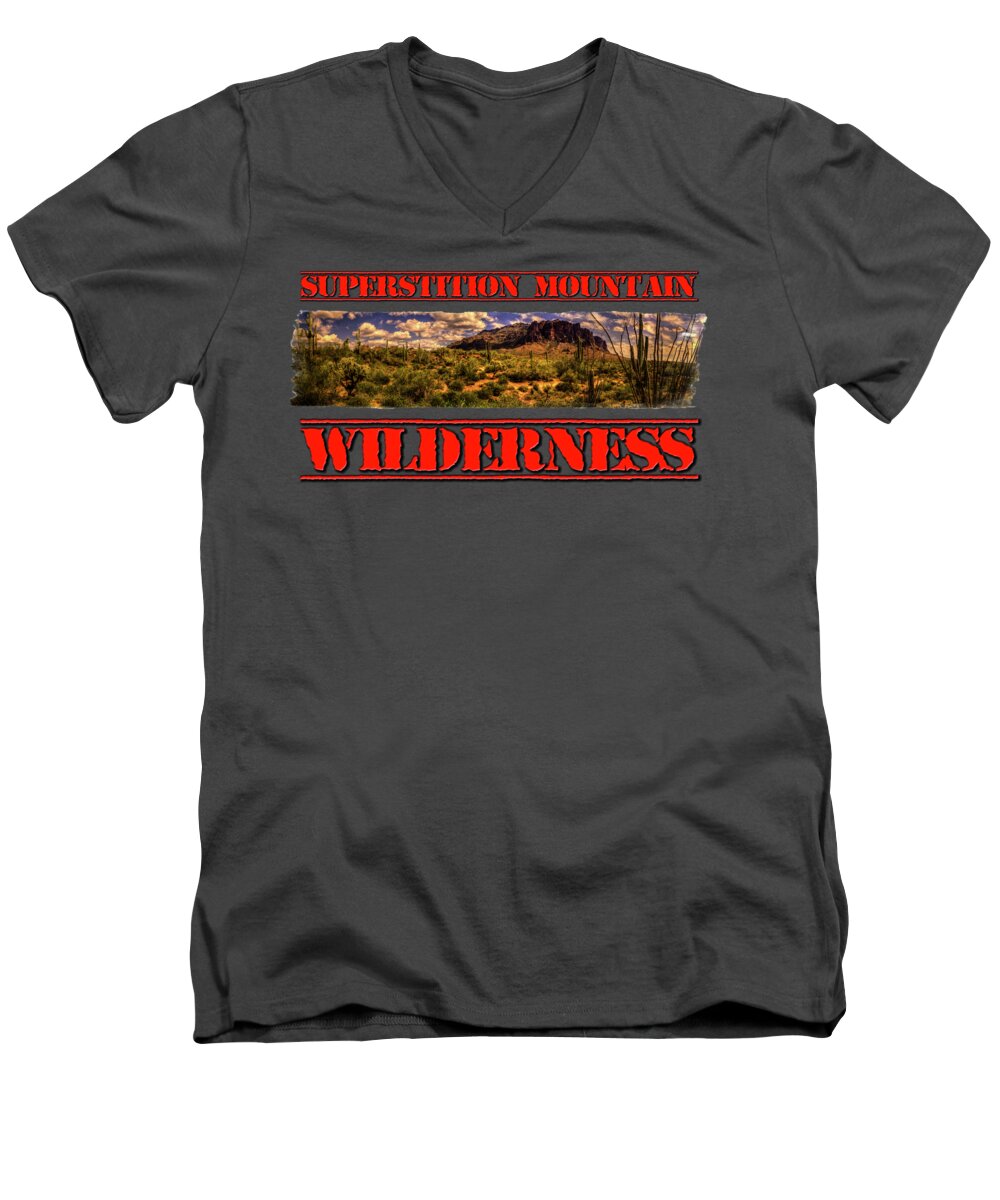 Arizona Men's V-Neck T-Shirt featuring the photograph Superstition Mountain and Wilderness by Roger Passman