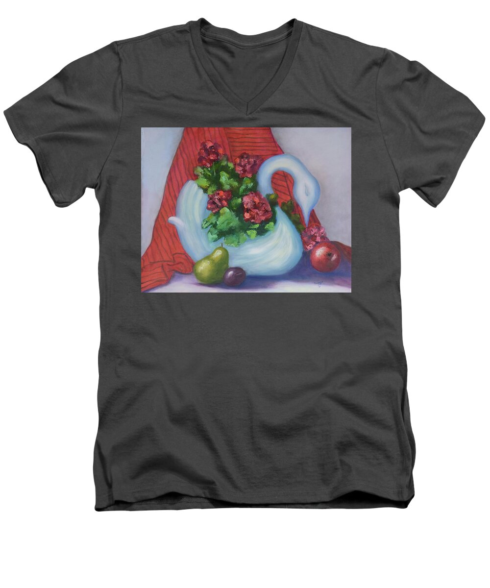 Swan Men's V-Neck T-Shirt featuring the painting Swanza's Swan by Quwatha Valentine