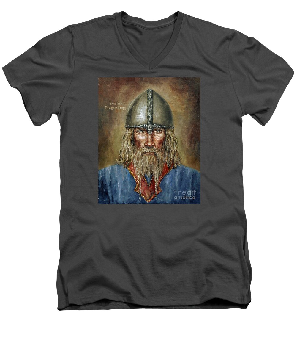 Viking Men's V-Neck T-Shirt featuring the painting Sweyn Forkbeard by Arturas Slapsys