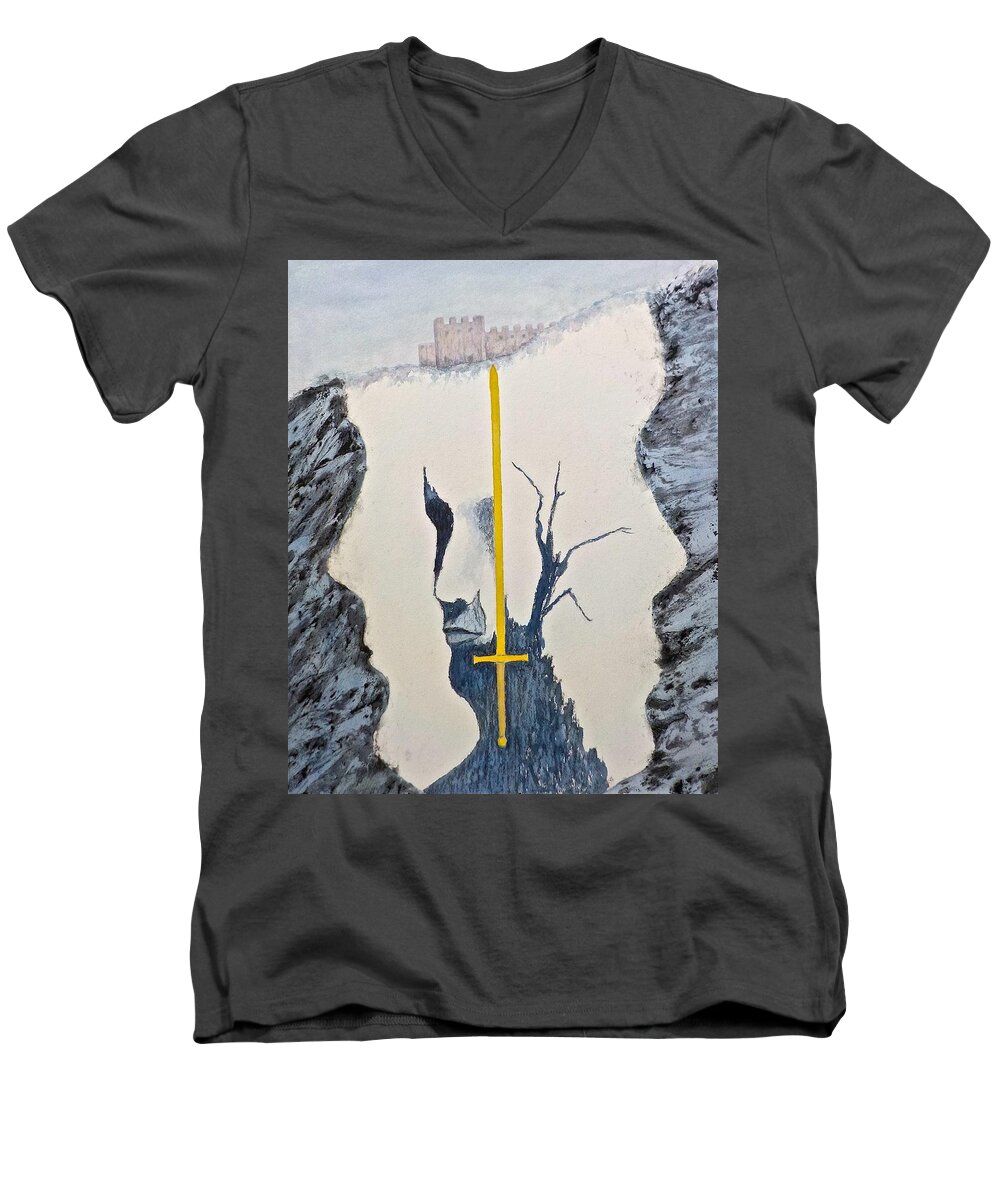 Watercolor Men's V-Neck T-Shirt featuring the painting Sword of Gold by Carolyn Rosenberger