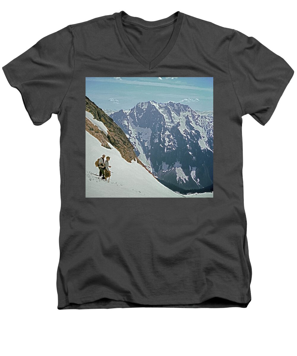 T04402 Men's V-Neck T-Shirt featuring the photograph T04402 Beckey and Hieb after Forbidden Peak 1st Ascent by Ed Cooper Photography