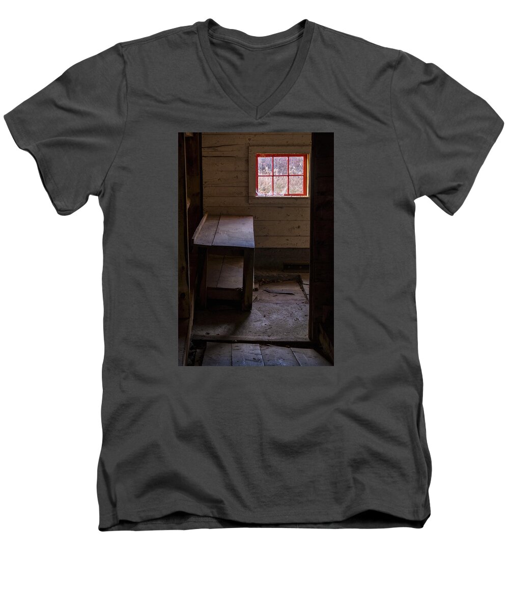 Sunset Lake Road West Brattleboro Vermont Men's V-Neck T-Shirt featuring the photograph Table And Window by Tom Singleton