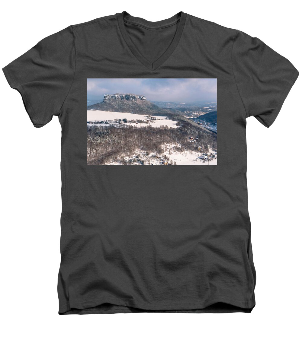 Saxony Men's V-Neck T-Shirt featuring the photograph Table Mountain Pfaffenstein. Saxony by Jenny Rainbow