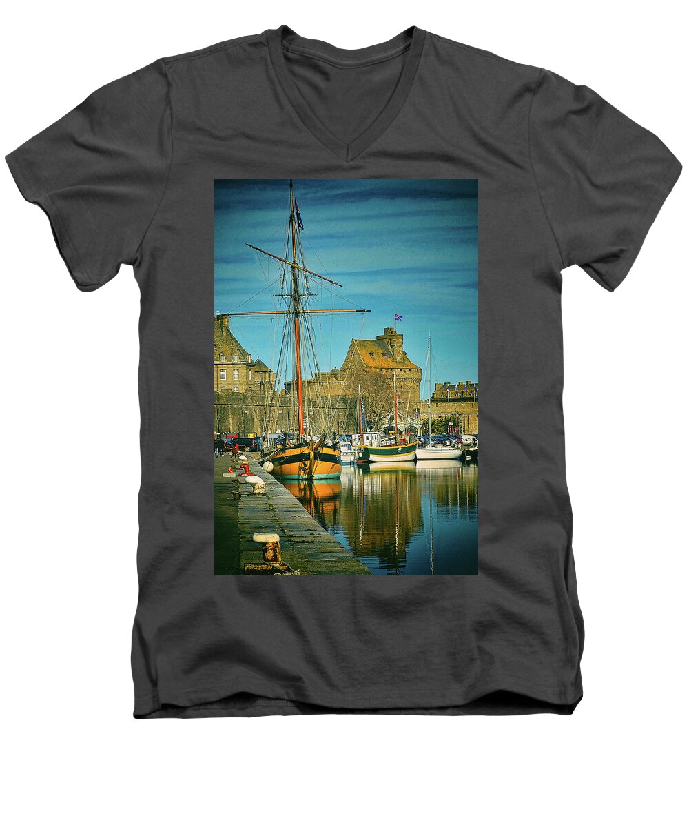Vauban Bassin Men's V-Neck T-Shirt featuring the photograph Tall Ship in Saint Malo by Elf EVANS