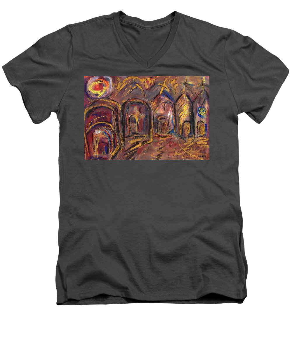 Katt Yanda Men's V-Neck T-Shirt featuring the pastel Taos's Spirit by Katt Yanda