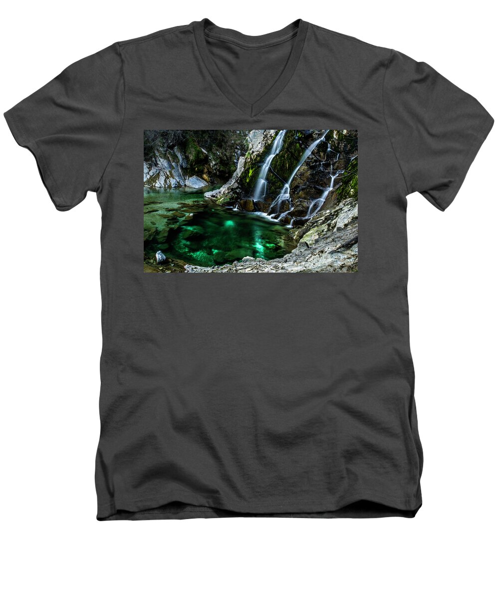 Cascade Men's V-Neck T-Shirt featuring the photograph Tarcento's Cascade 5 by Wolfgang Stocker