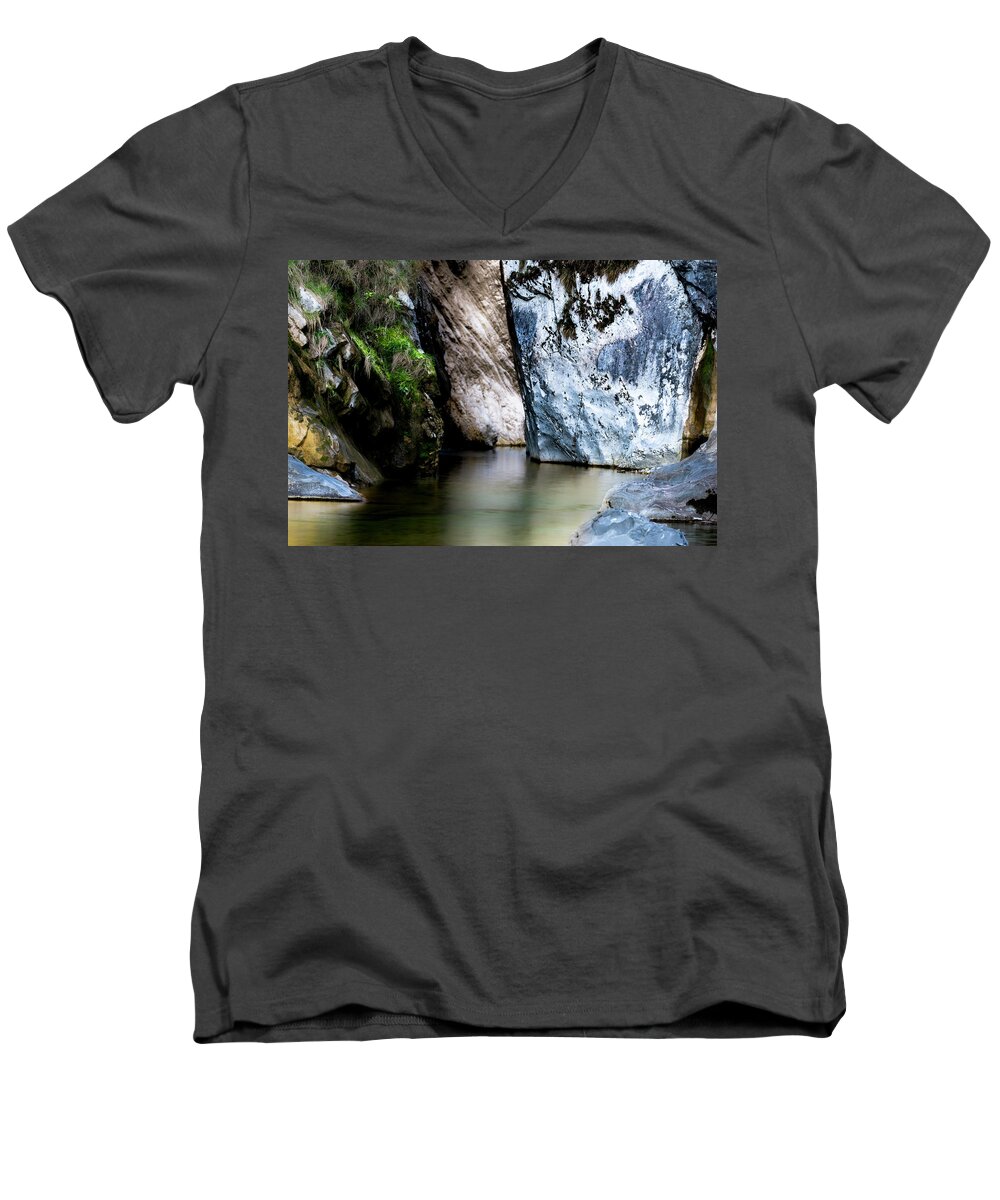 Natural Pool Men's V-Neck T-Shirt featuring the photograph Tarcento's Cascade 6 by Wolfgang Stocker