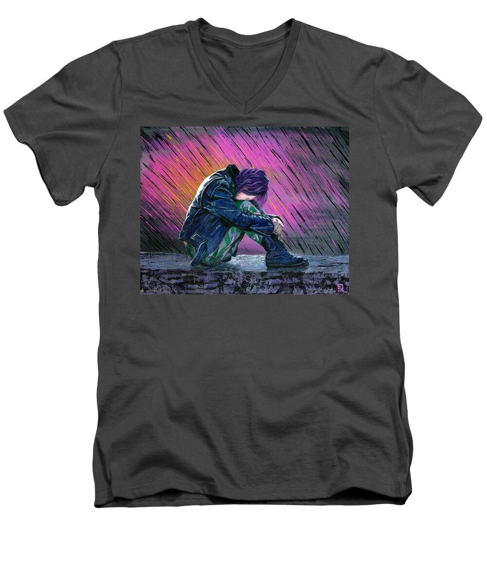 Portrait Men's V-Neck T-Shirt featuring the painting Tears in the Rain by Matthew Mezo