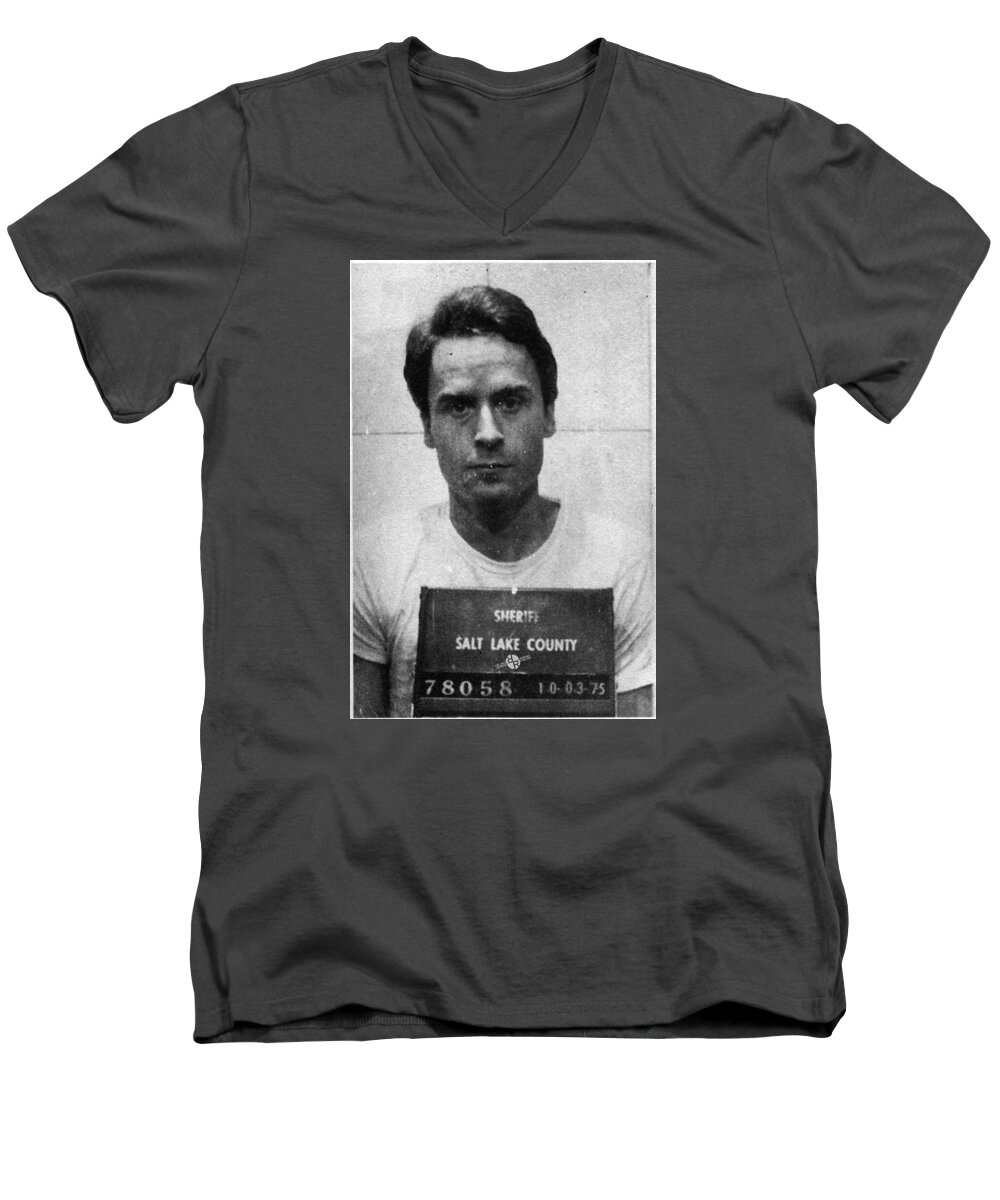 Ted Bundy Men's V-Neck T-Shirt featuring the painting Ted Bundy Mug Shot 1975 Vertical by Tony Rubino