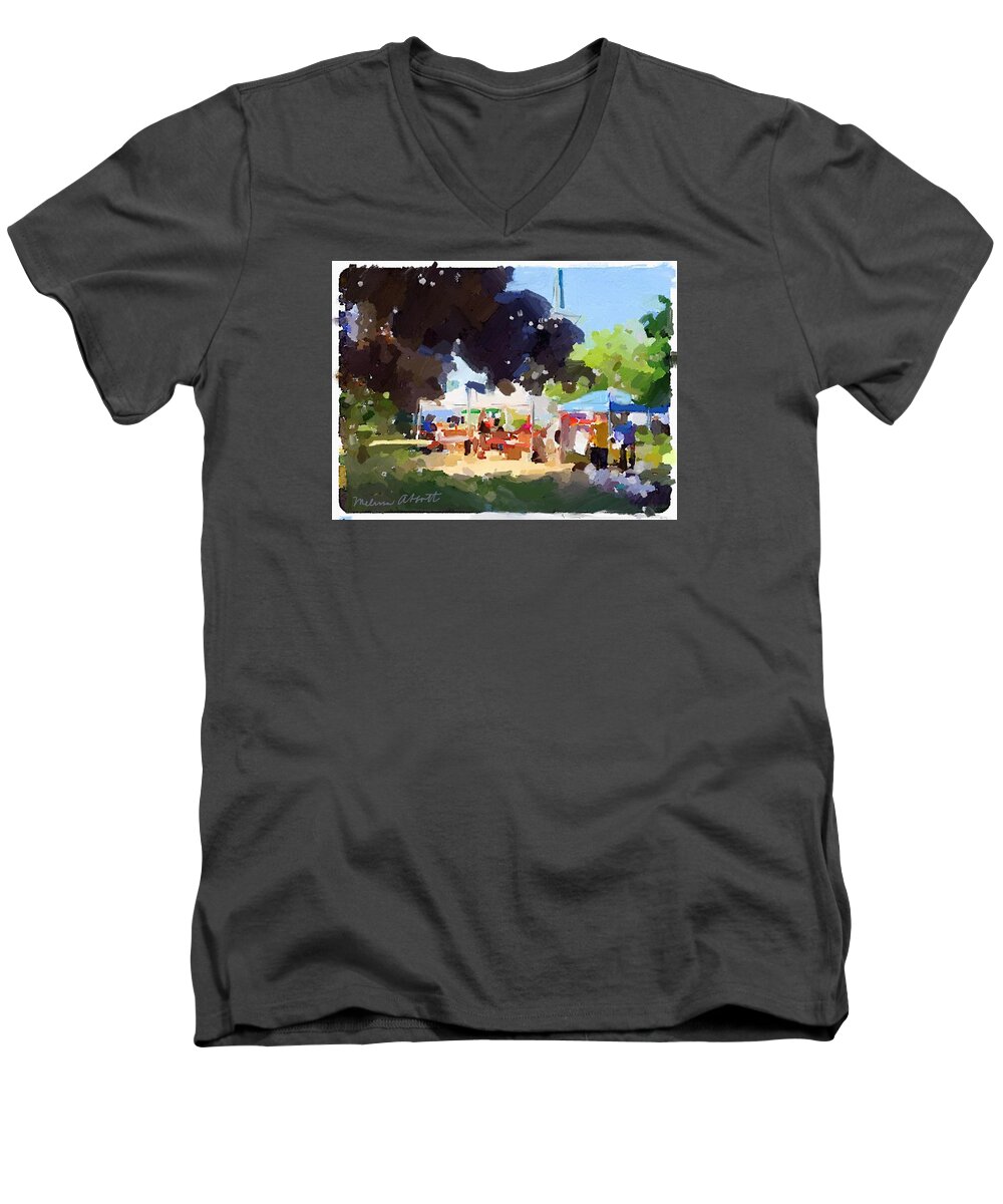  Men's V-Neck T-Shirt featuring the painting Tents and Church Steeple at Rockport Farmers Market by Melissa Abbott