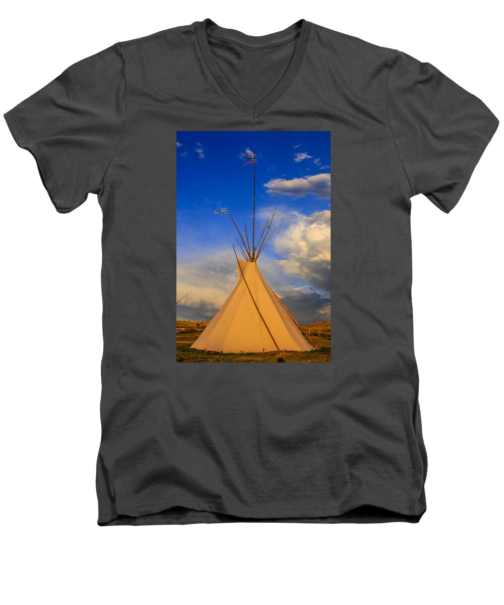 Native; American; Tepee; Montana; Plains; Sunset; Wigwam; Tent; Campsite; Encampment; Indian; Dwelling; Wickiup; Dusk; Nightfall; Sunset; Sundown; Twilight; Eve; Evening; Nw; America Men's V-Neck T-Shirt featuring the photograph Tepee at sunset in Montana by Chris Smith