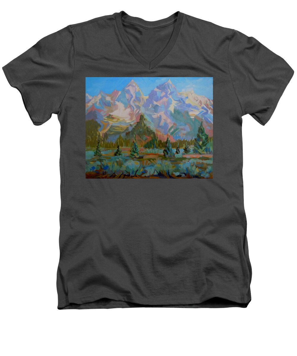 Landscape Men's V-Neck T-Shirt featuring the painting Teton Heaven by Francine Frank