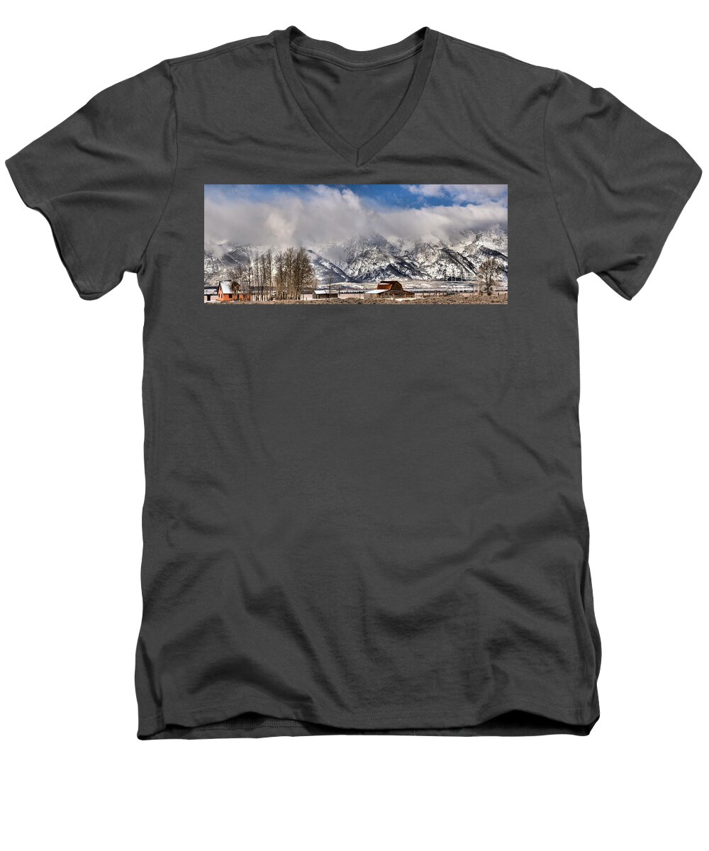Mormon Row Men's V-Neck T-Shirt featuring the photograph Teton Mountains Over Mormon Row by Adam Jewell