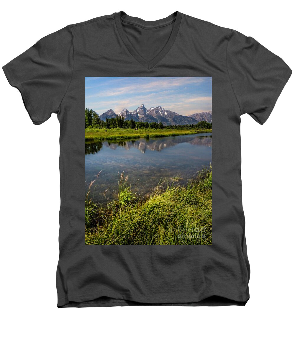 Mount Moran Men's V-Neck T-Shirt featuring the photograph Teton Reflection by Karen Jorstad