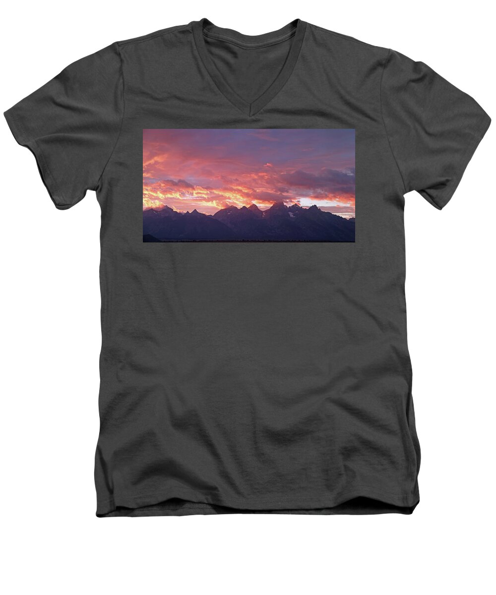 Tetons Men's V-Neck T-Shirt featuring the photograph Tetons Sunset by Jean Clark