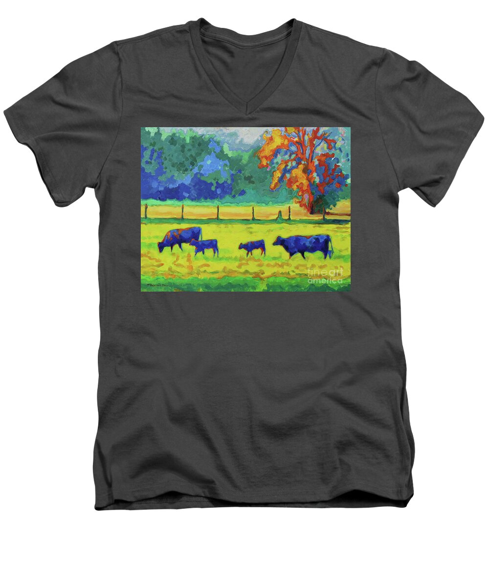 Texas Cows And Calves Men's V-Neck T-Shirt featuring the painting Texas Cows and Calves at Sunset Painting T Bertram Poole by Thomas Bertram POOLE