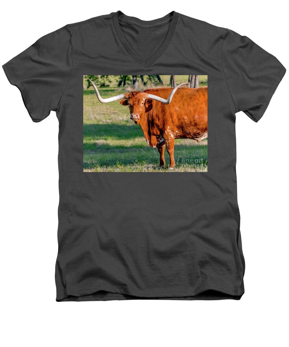 Texas Hill Country Men's V-Neck T-Shirt featuring the photograph Texas Hill Country Longhorn 9962a by Ricardos Creations
