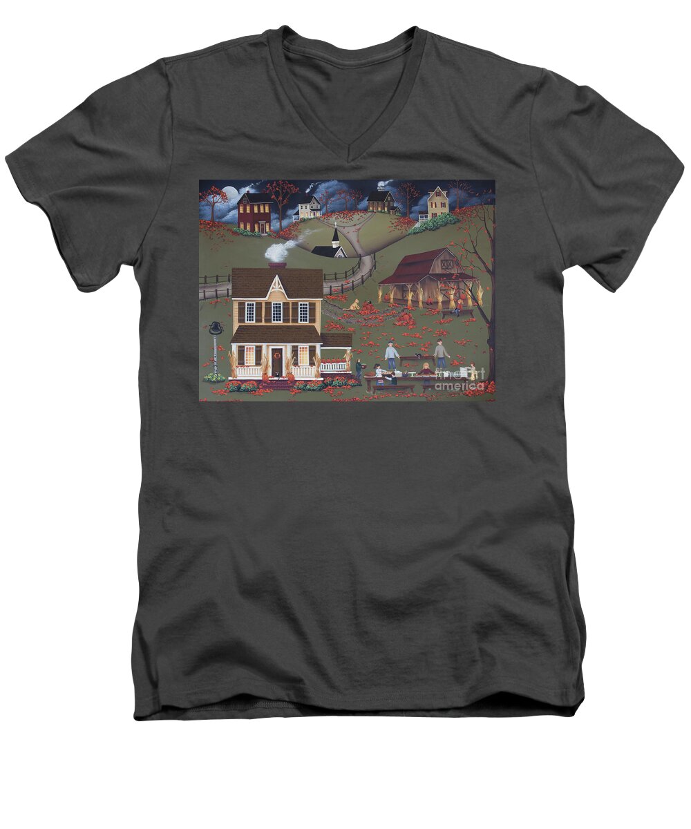 Art Men's V-Neck T-Shirt featuring the painting Thanksgiving at the Parker Farm by Catherine Holman