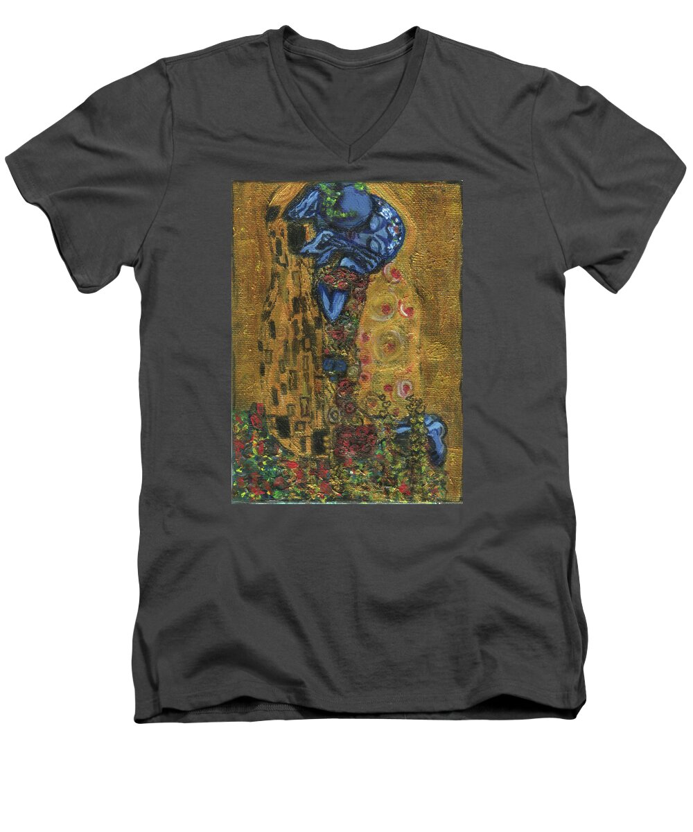 Kiss Men's V-Neck T-Shirt featuring the painting The alien kiss by Blastoff Klimt by Similar Alien