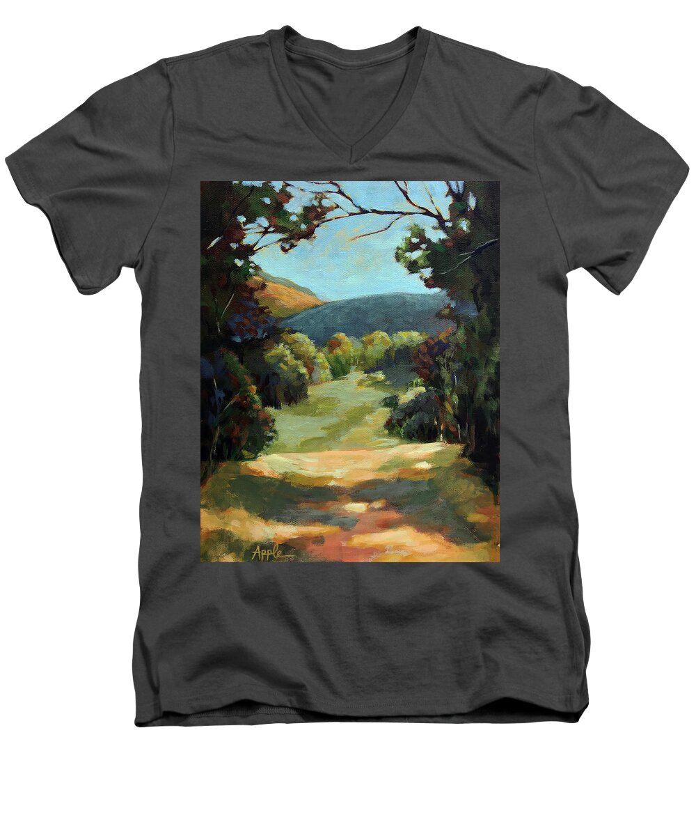 Summer Landscape Men's V-Neck T-Shirt featuring the painting The Backroads - Original oil on canvas summer landscape by Linda Apple