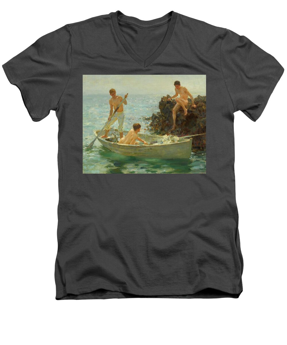 Bathing Men's V-Neck T-Shirt featuring the painting The Bathing Cove by Henry Scott Tuke