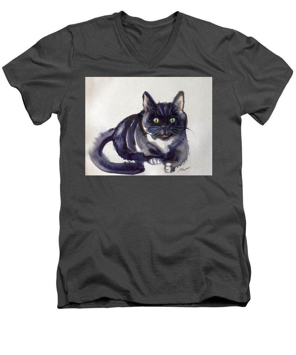 Black Cat Men's V-Neck T-Shirt featuring the painting The cat 8 by Katerina Kovatcheva