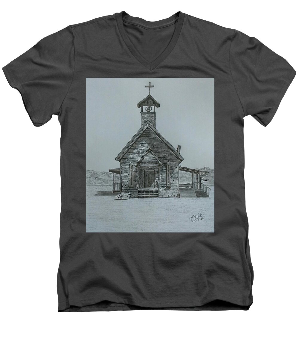 Church Men's V-Neck T-Shirt featuring the drawing The Chapel by Tony Clark