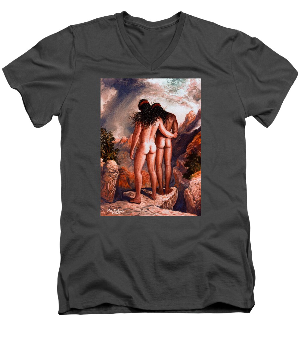 Native American Men's V-Neck T-Shirt featuring the painting The Covenant by Marc DeBauch