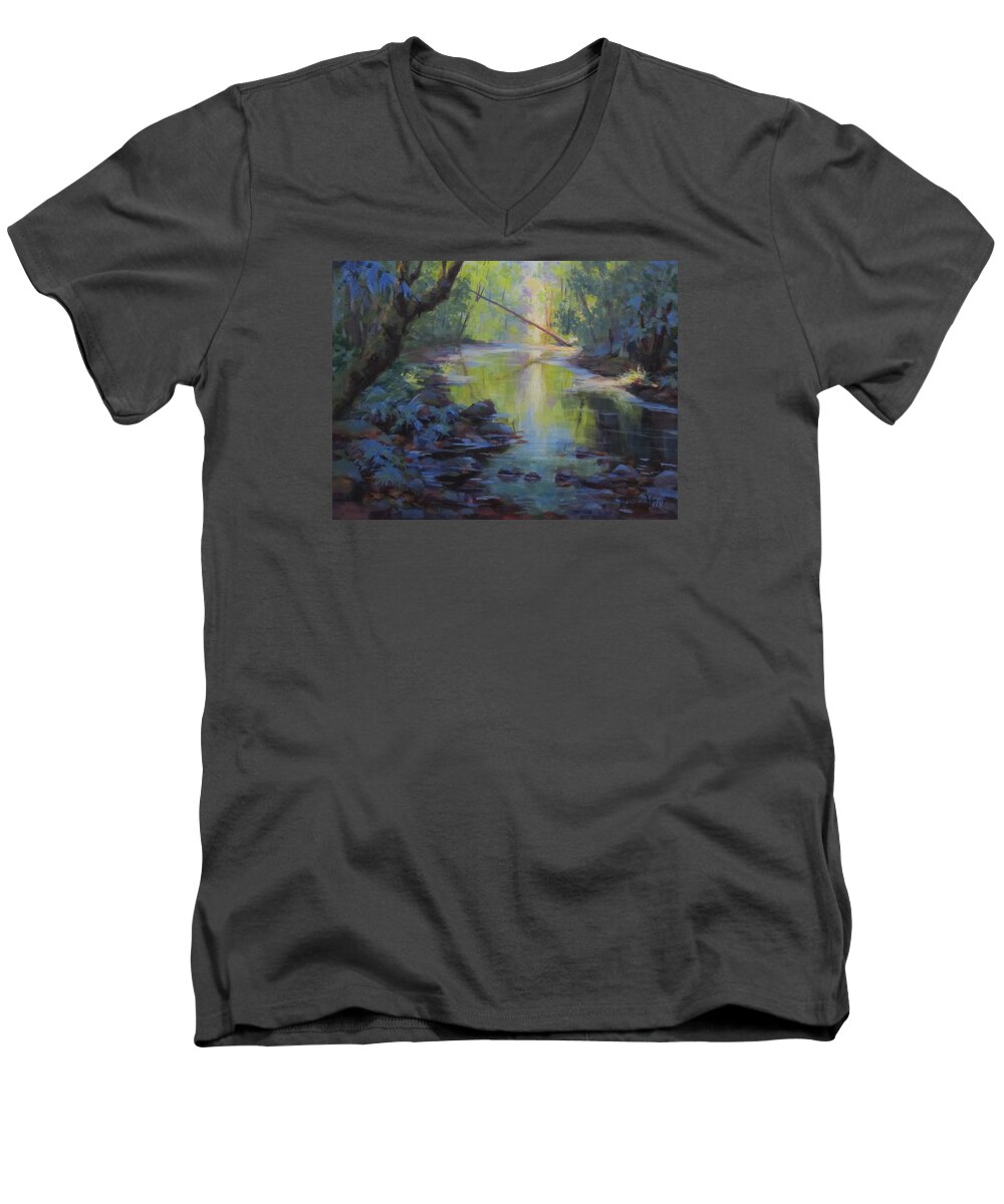 Creek Men's V-Neck T-Shirt featuring the painting The Creek by Karen Ilari