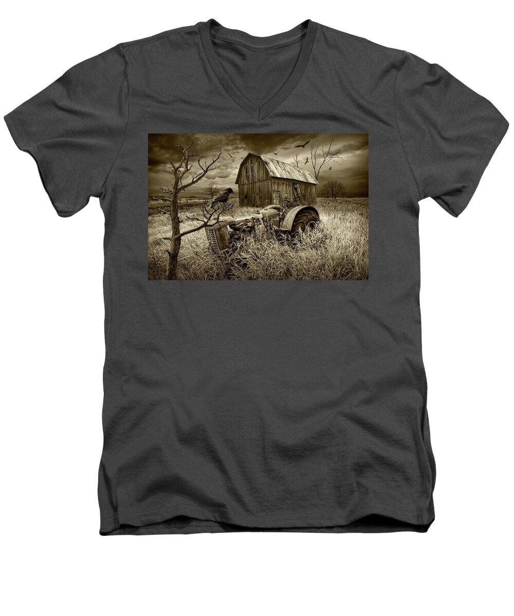 Art Men's V-Neck T-Shirt featuring the photograph The Decline and Death of the Small Farm in Sepia Tone by Randall Nyhof